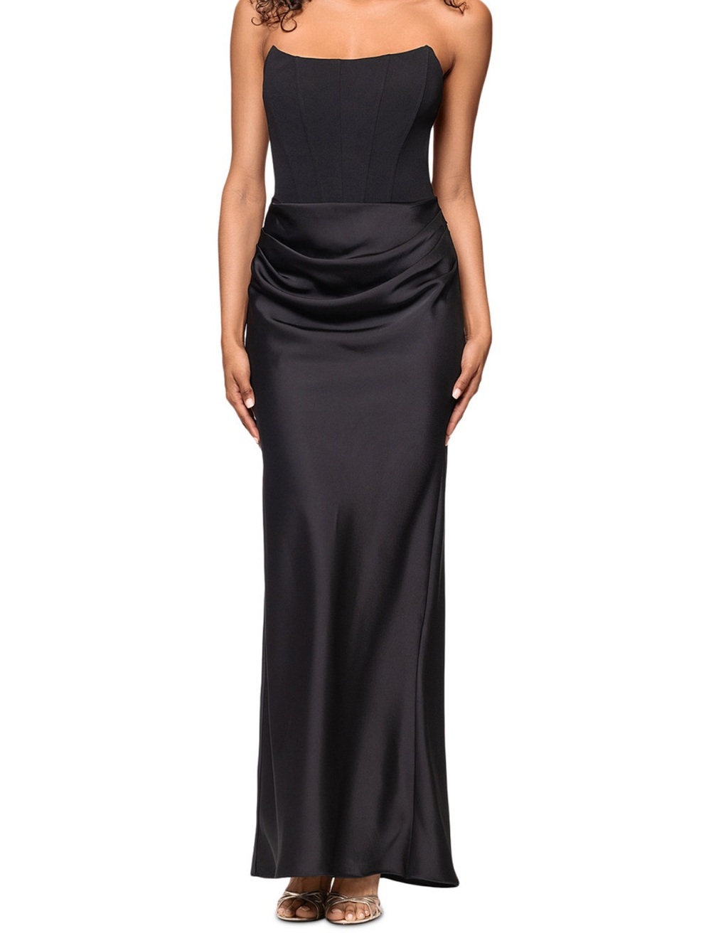 Betsy & Adam Black Strapless Satin Maxi Skirt with Draped Waist
